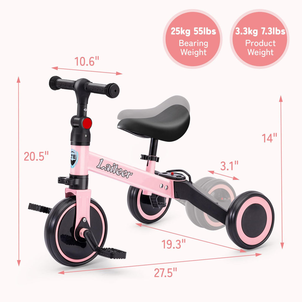 Folding Kids Tricycle with Adjustable Seat & Removable Pedal, Pink K92903