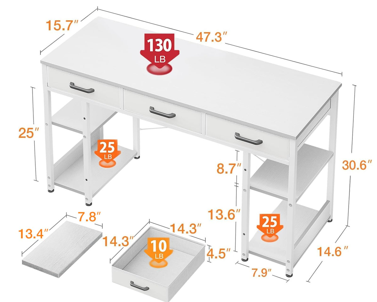 White 48" Computer Desk with Fabric Drawers and Storage Shelves Z2673