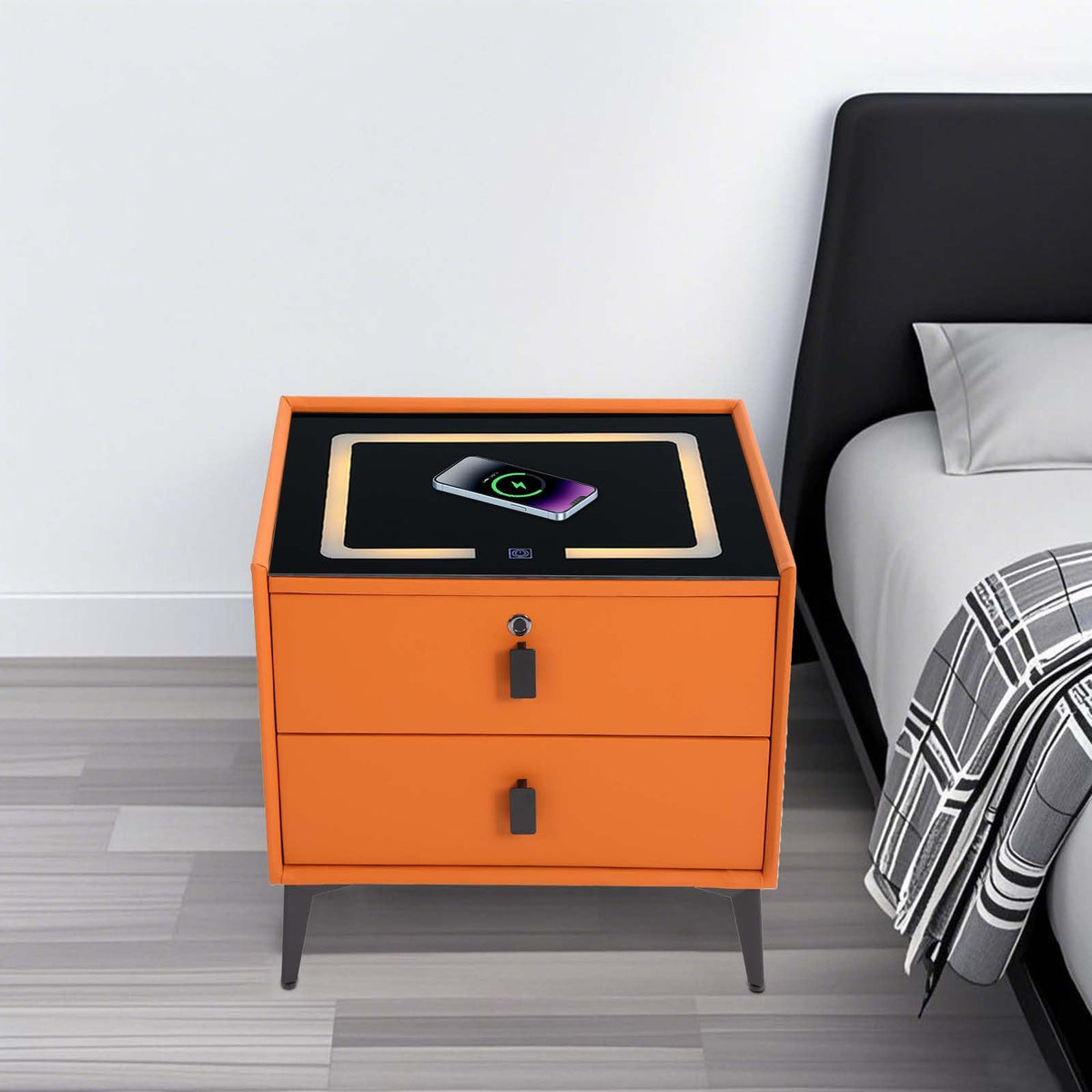 Wooden Nightstand with Fingerprint Lock Drawer and 2 Drawers Q455233