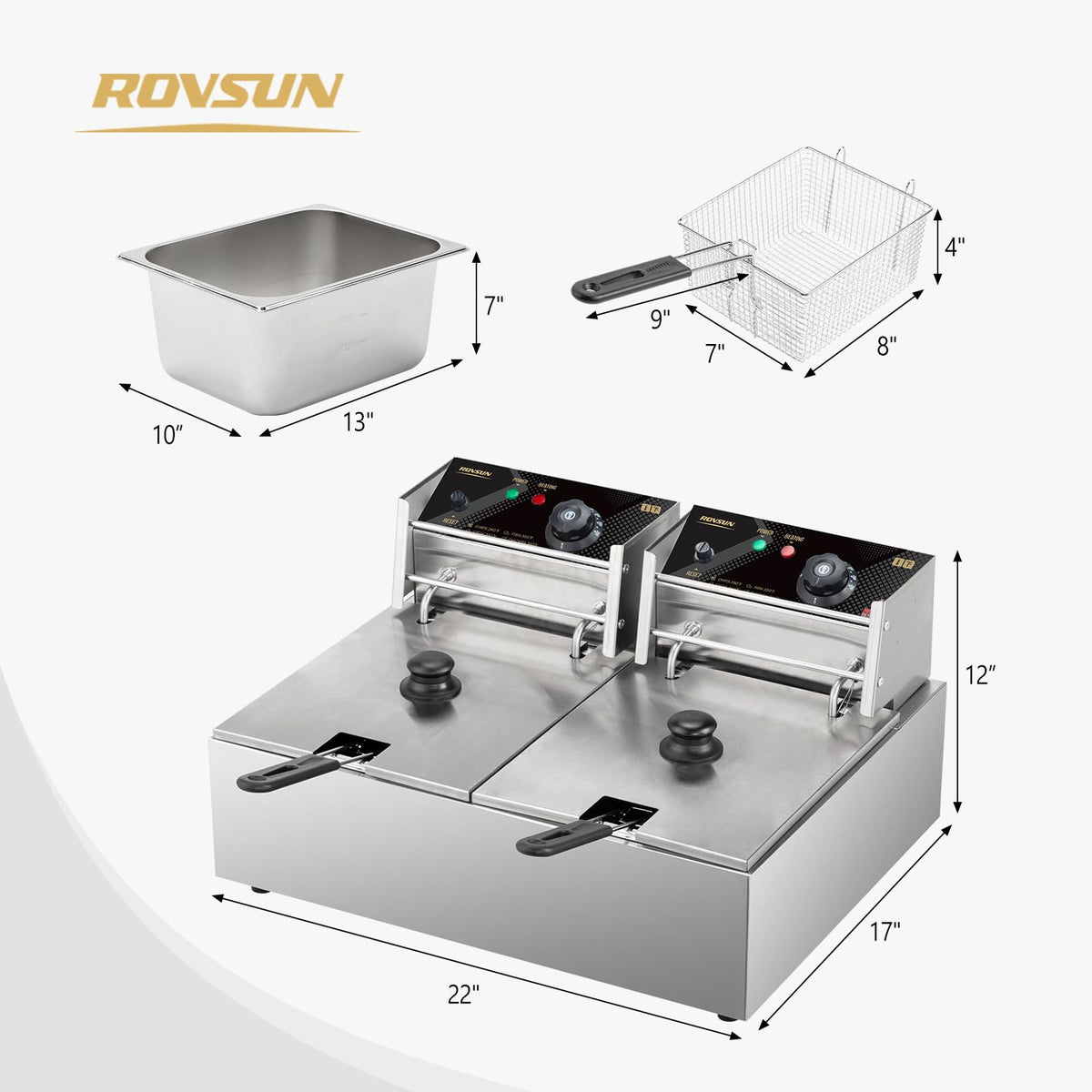 22.8QT Stainless Steel Electric Double Deep Fryer with Baskets & Lids Q2480