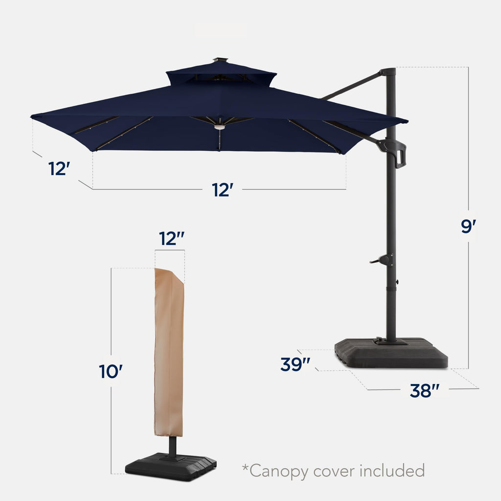 12x12ft LED Cantilever Patio Umbrella with Base and 360° Rotation U125108