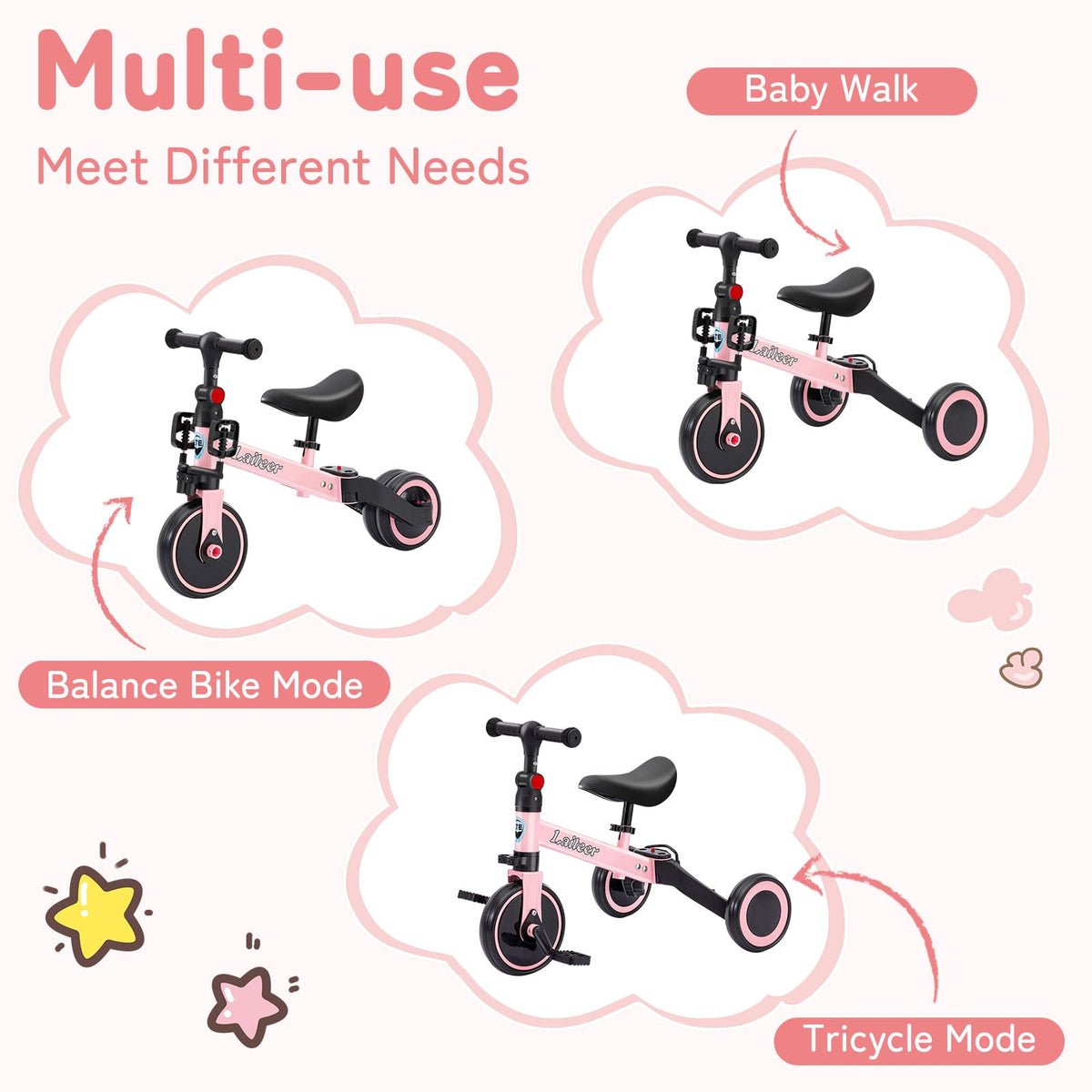 Folding Kids Tricycle with Adjustable Seat & Removable Pedal, Pink K92903