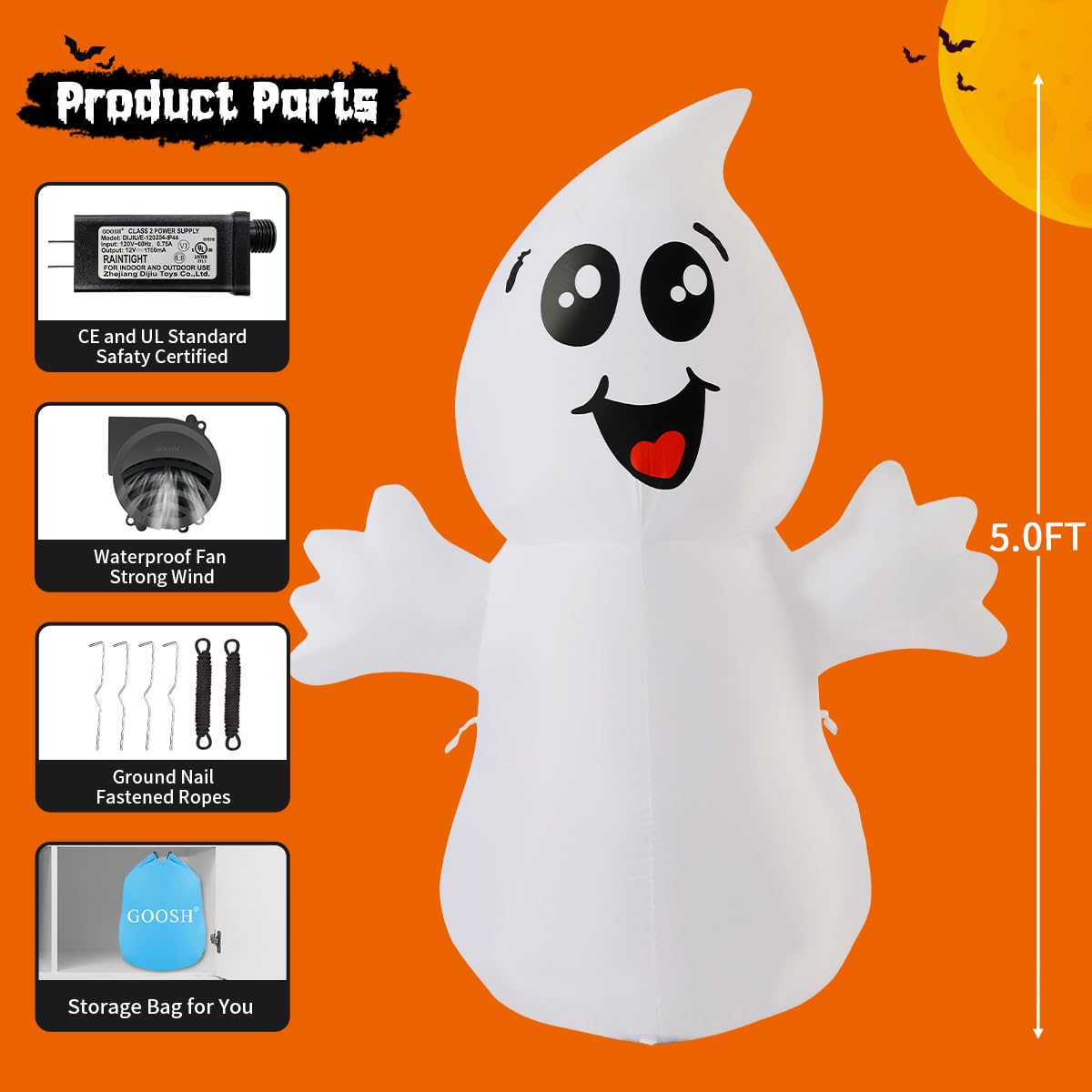 5 FT Inflatable Ghost Outdoor Decoration with Built-in LEDs L495