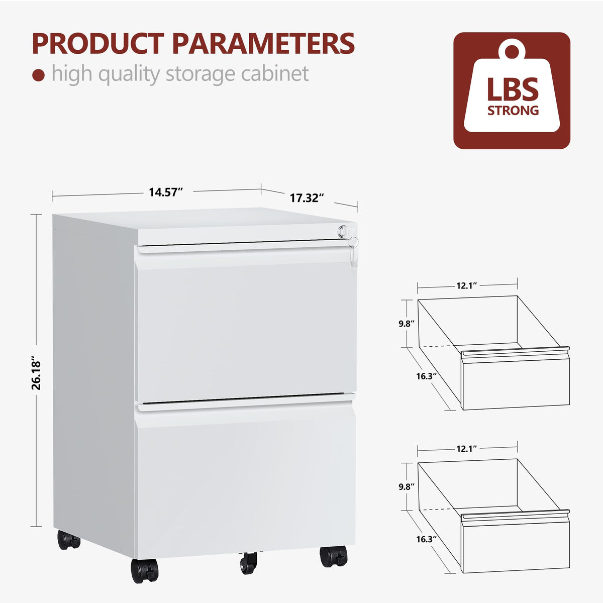 2 Drawer White Metal File Cabinet with Lock and Wheels D4151