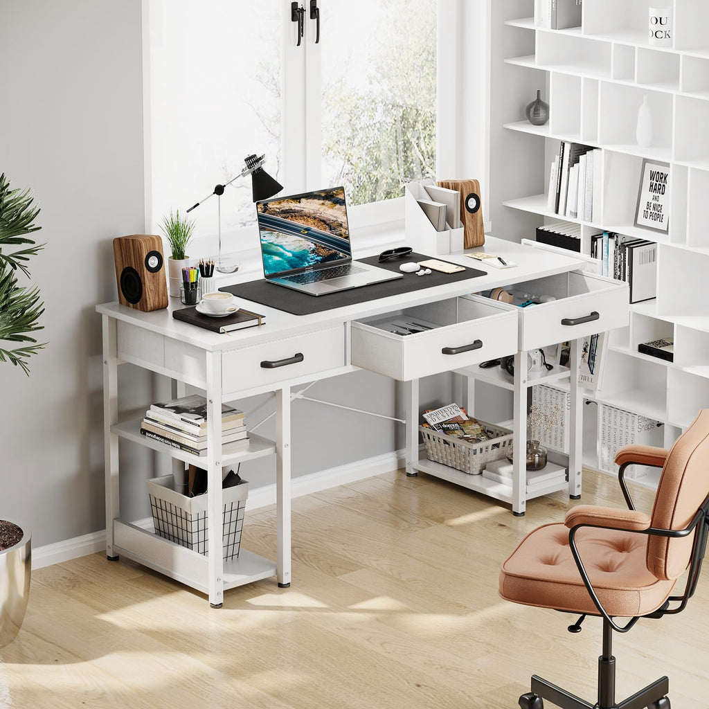 White 48" Computer Desk with Fabric Drawers and Storage Shelves Z2673