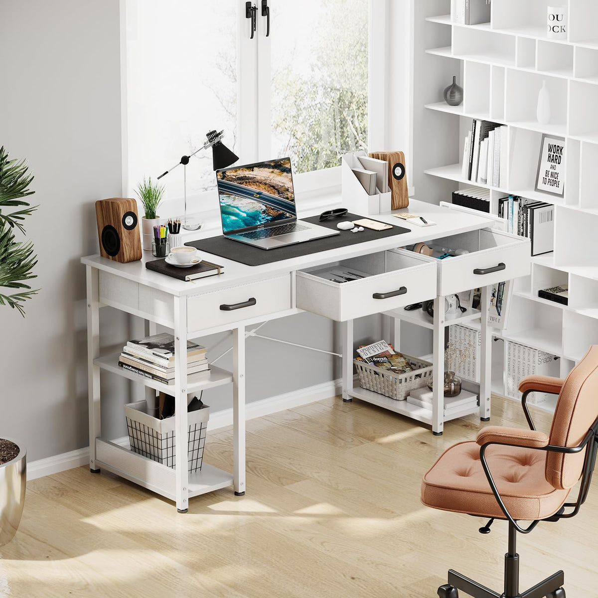 White 48" Computer Desk with Fabric Drawers and Storage Shelves Z2673