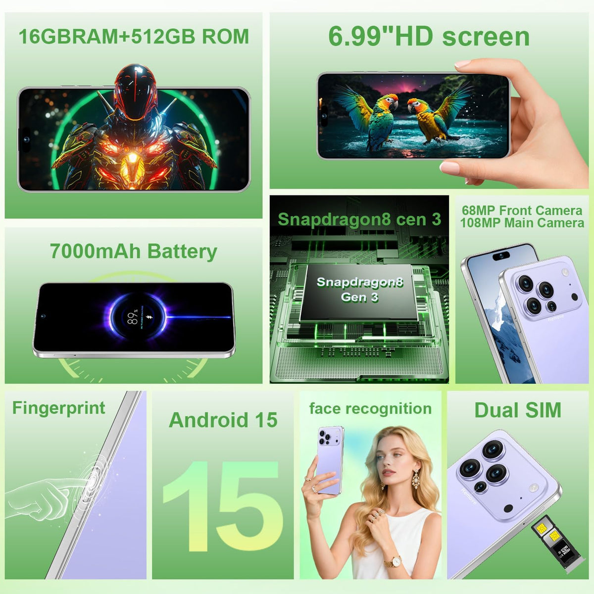 Unlocked Cell Phone 16GB+512GB Smartphone 6.99" HD Screen Android 15 5G 7000mAh (Purple) L274