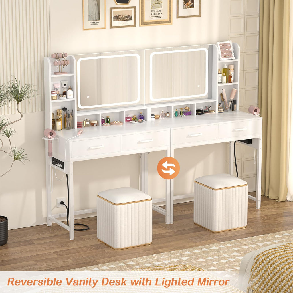 White Vanity Desk with Mirror and Drawers V66165