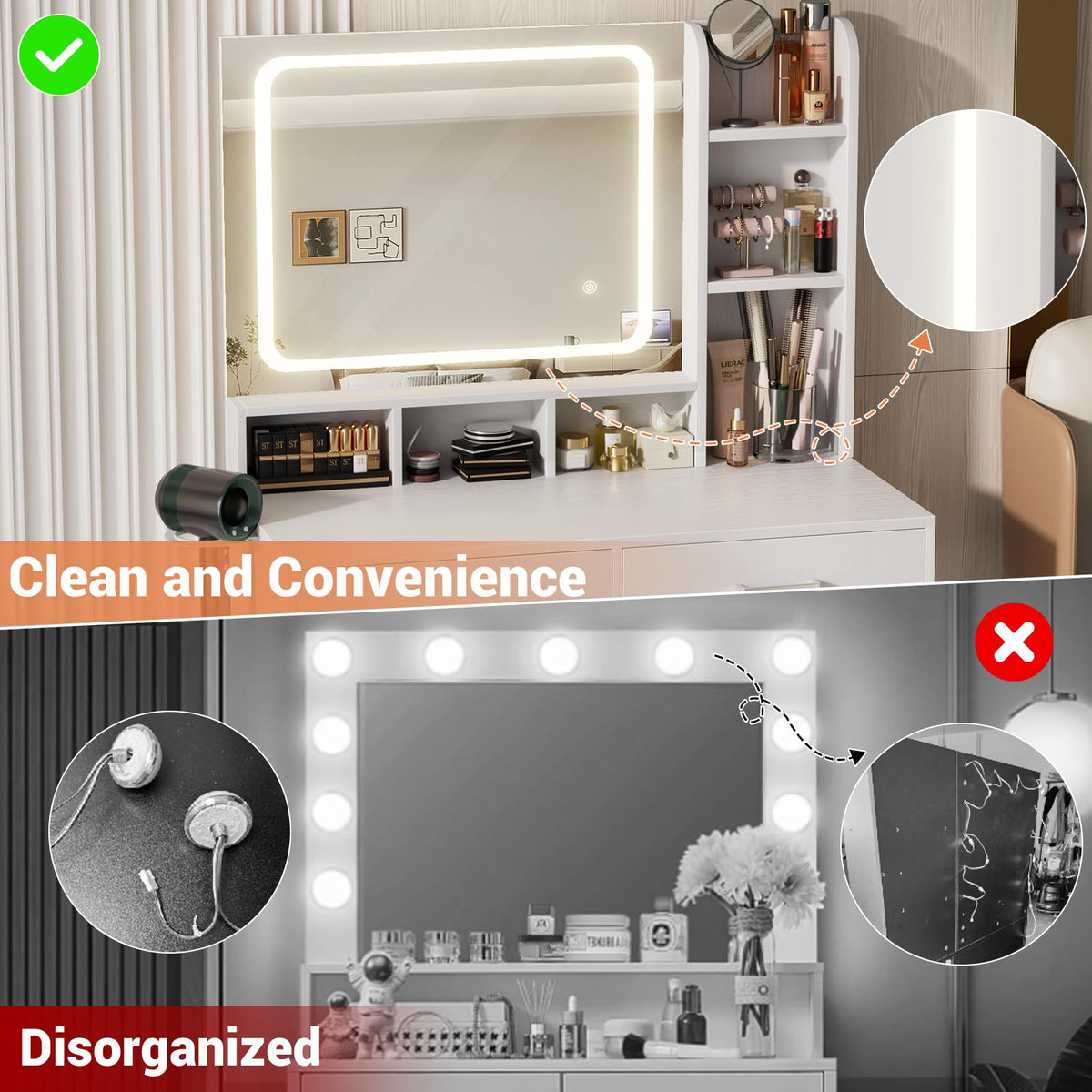 White Vanity Desk with Mirror and Drawers V66165