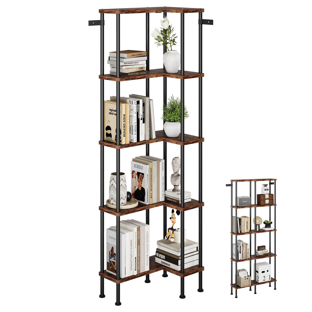 L-Shaped 5-Tier Rustic Brown Bookshelf O810