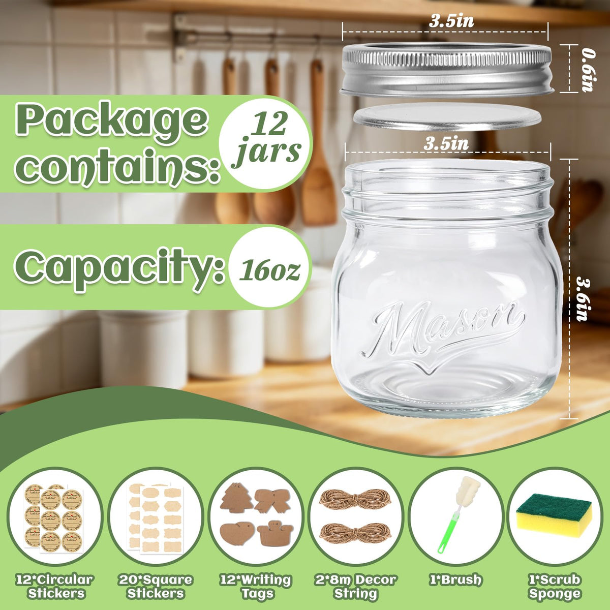 16 oz 12 Pack Wide Mouth Mason Jars with Lids Y90031