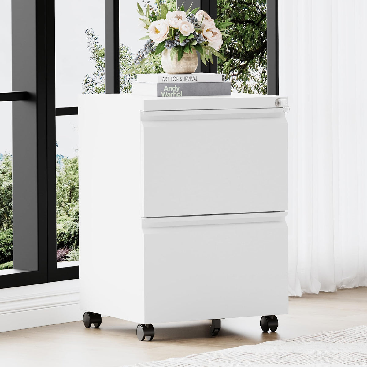 2 Drawer White Metal File Cabinet with Lock and Wheels D4151