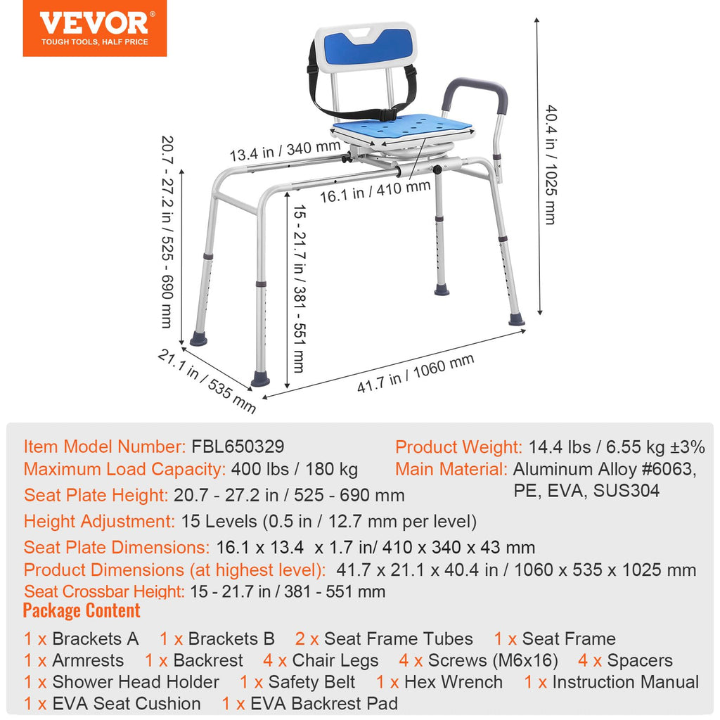 Sliding Tub Transfer Bench with 360 Degree Swivel Seat W1257