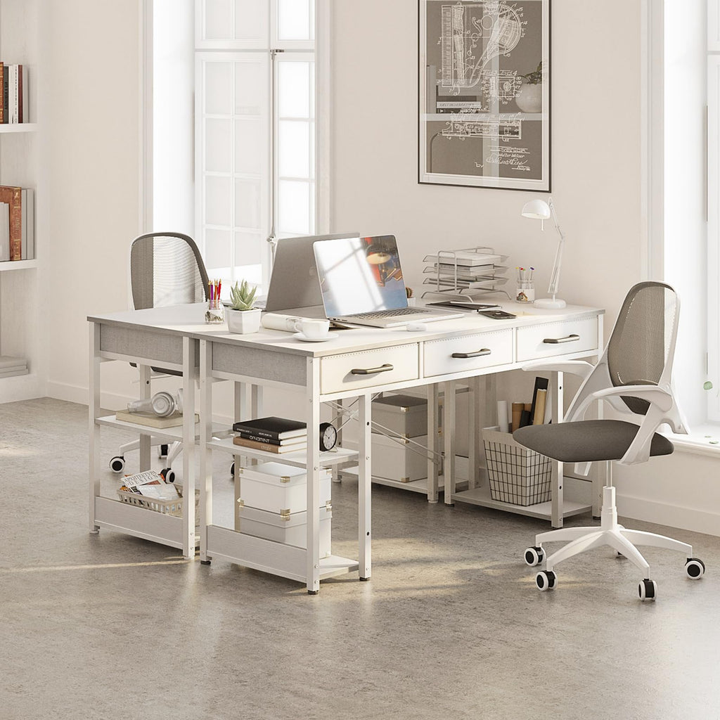 White 48" Computer Desk with Fabric Drawers and Storage Shelves Z2673