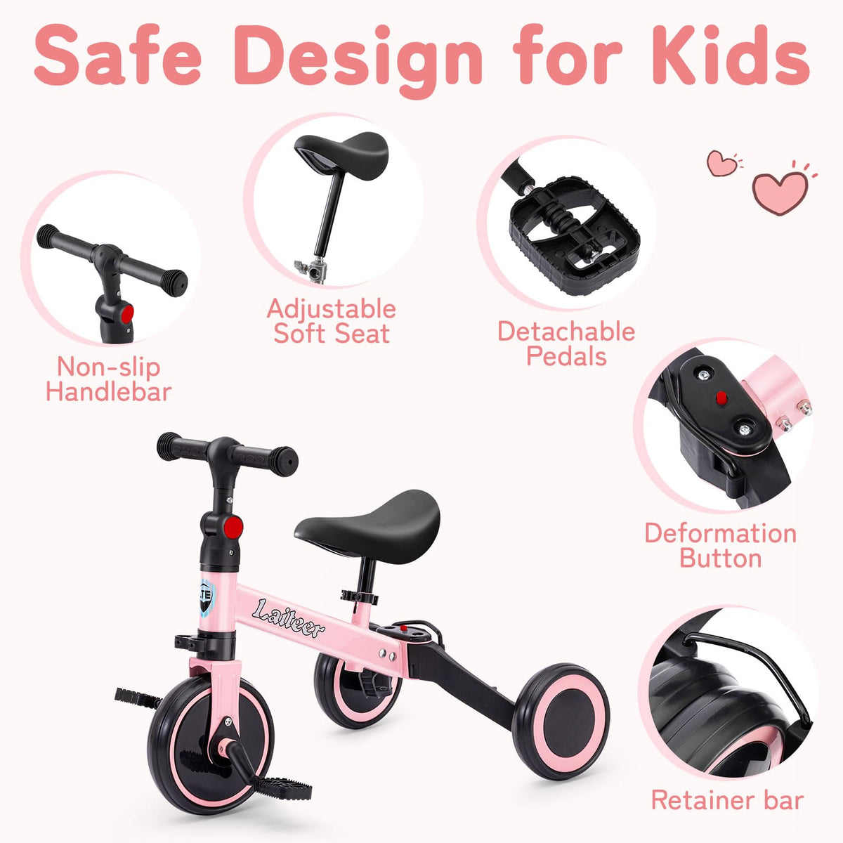Folding Kids Tricycle with Adjustable Seat & Removable Pedal, Pink K92903