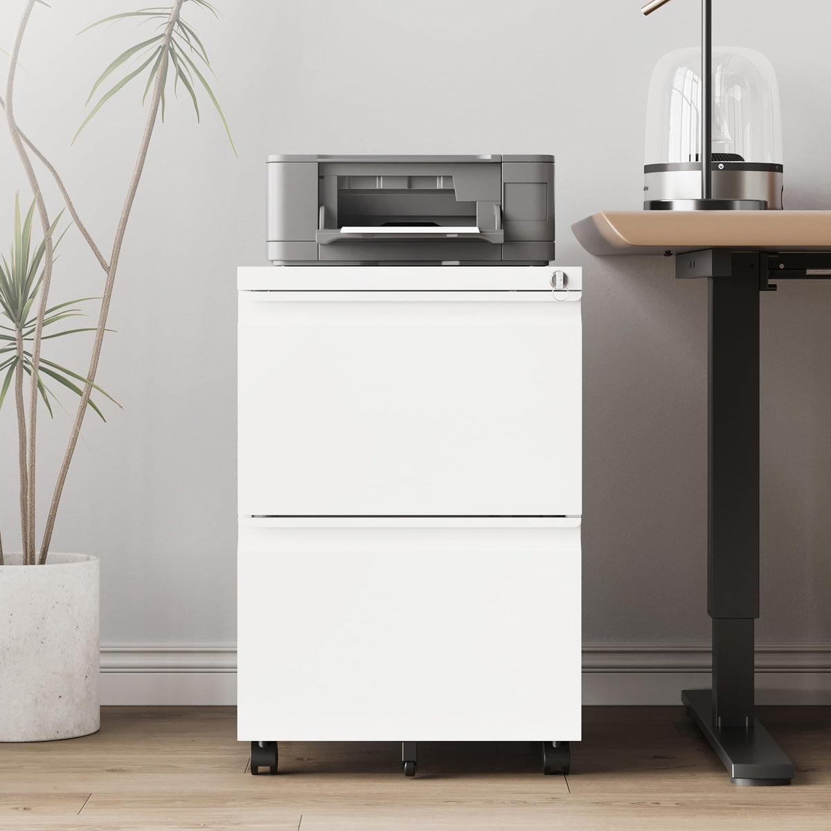 2 Drawer White Metal File Cabinet with Lock and Wheels D4151