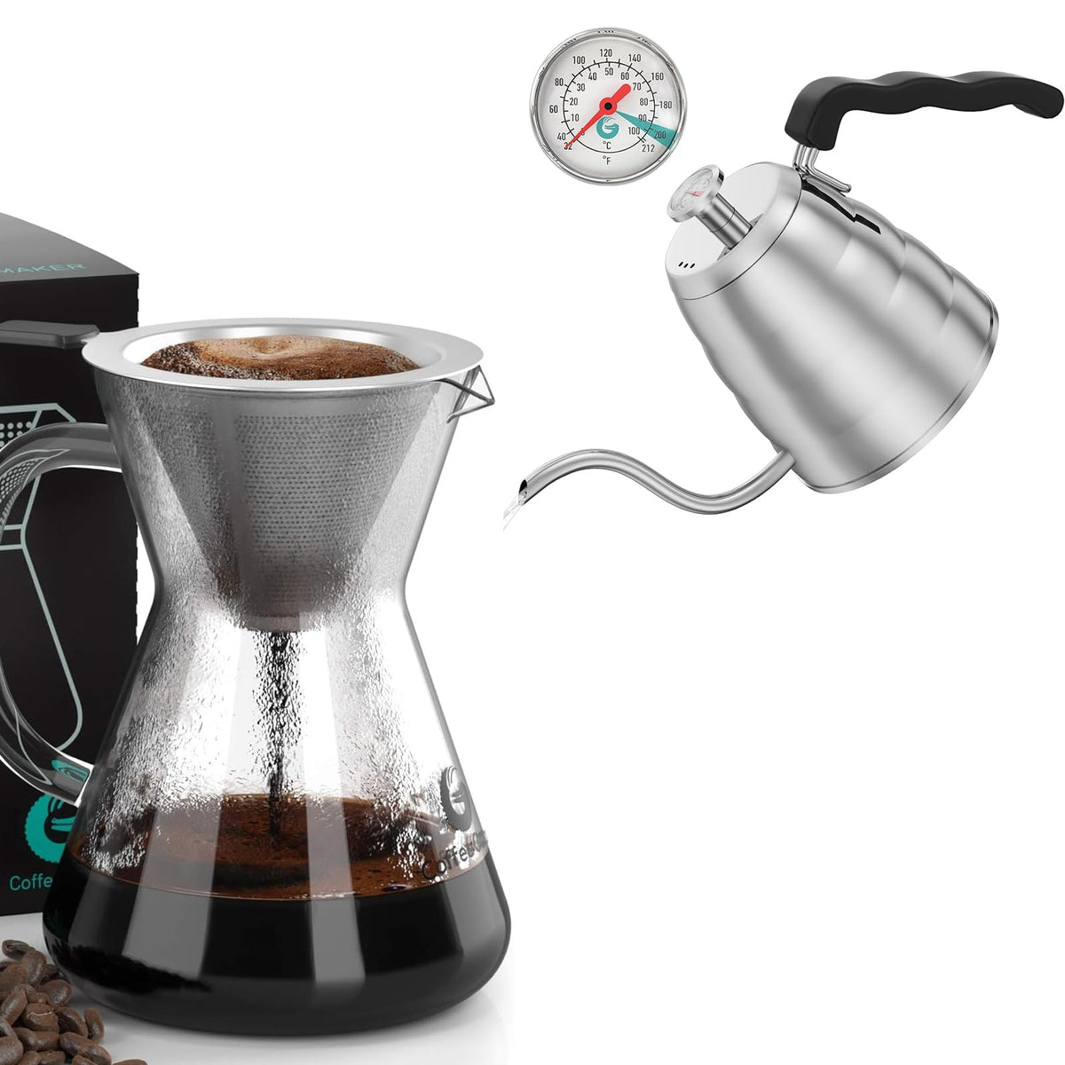 40oz Stainless Steel Gooseneck Kettle and 14oz Pour Over Coffee Maker R2195