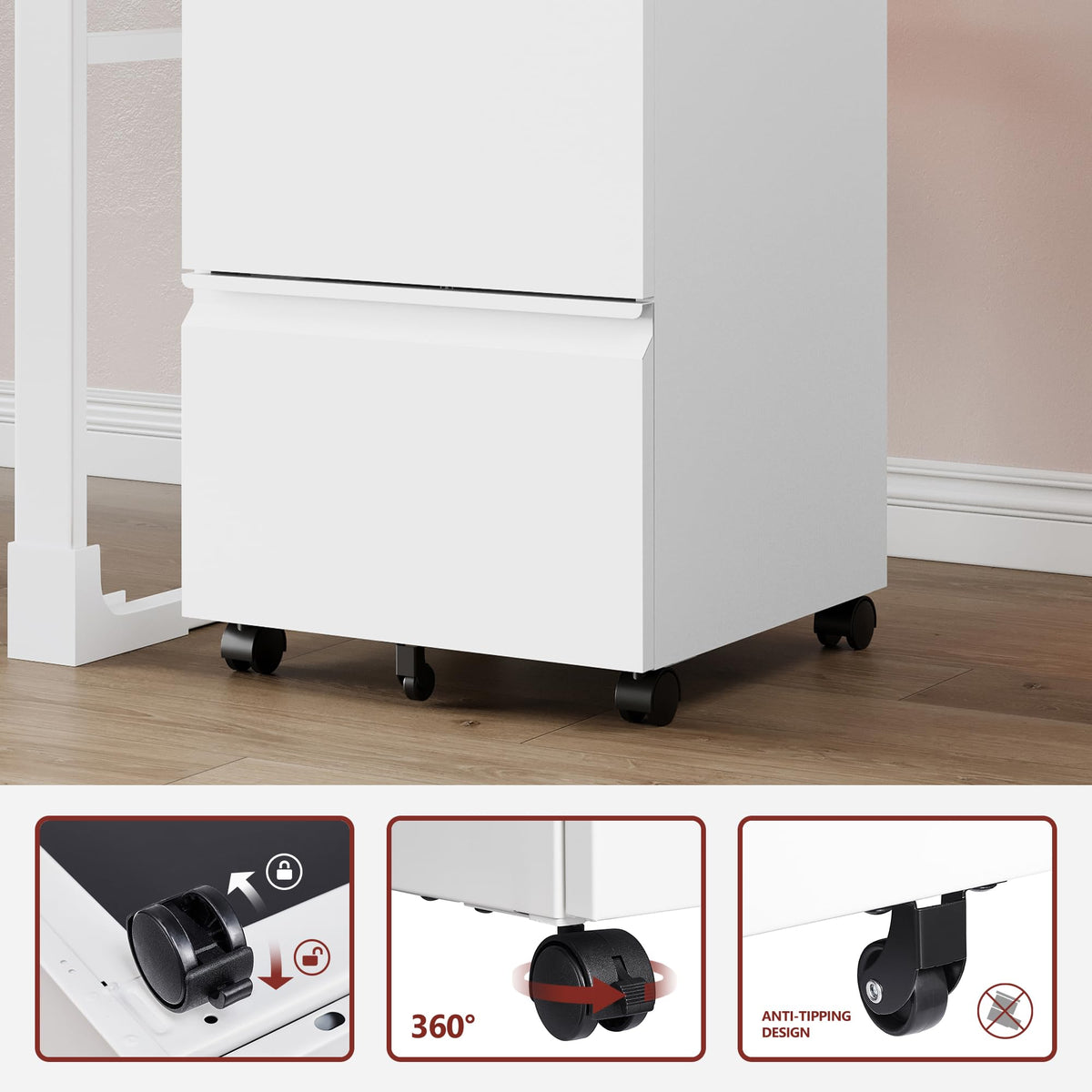 2 Drawer White Metal File Cabinet with Lock and Wheels D4151