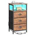 Rustic Brown End Table with Charging Station and LED Light, 3 Fabric Drawers H54924