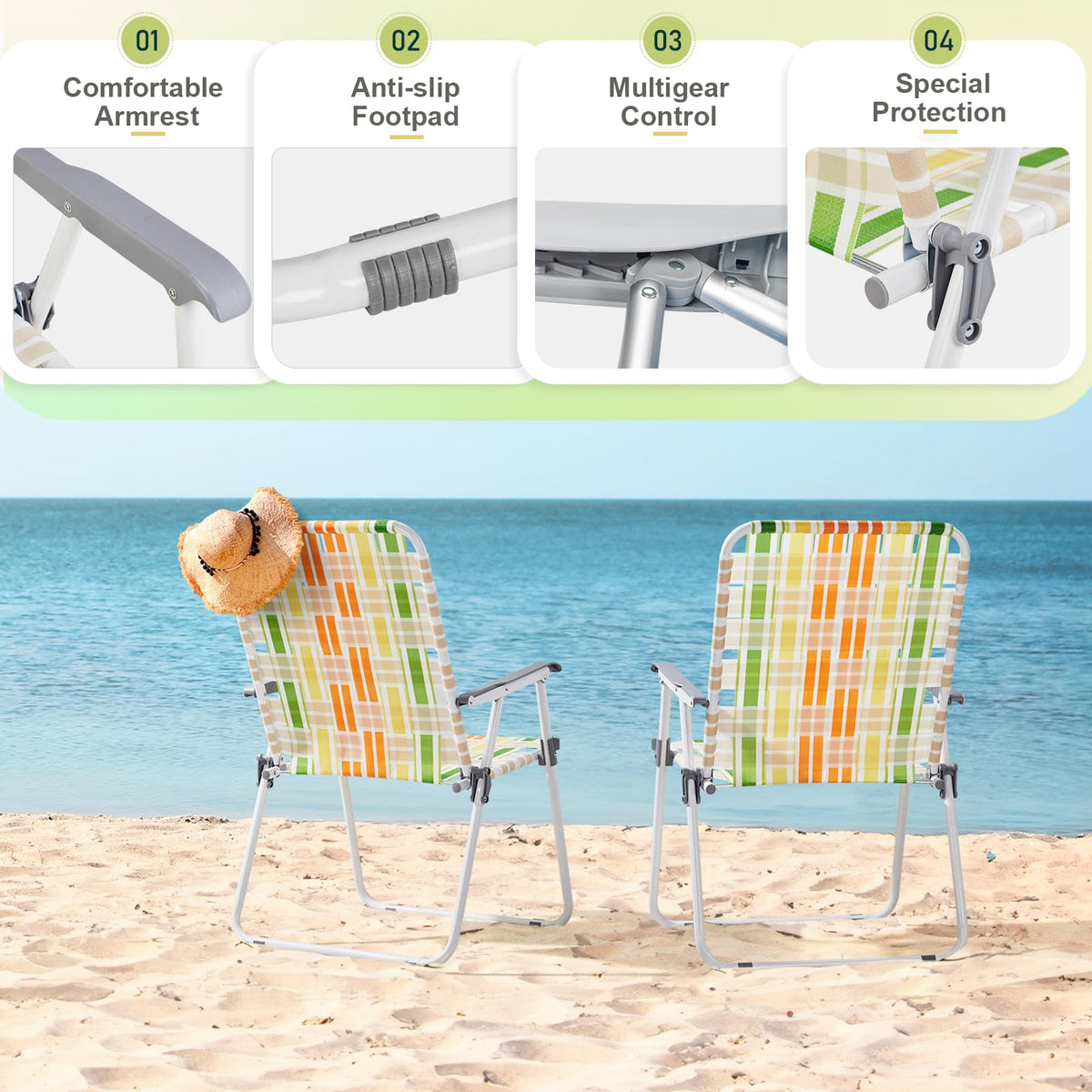 Yellow & Green Webbed Lawn Chairs Set of 2 B9457