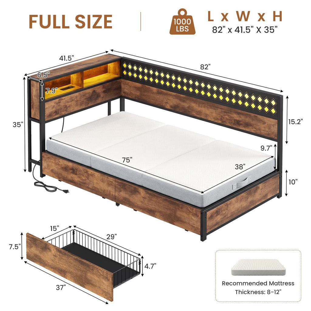 Twin Corner Bed Frame with Mattress and 2 Storage Drawers O511
