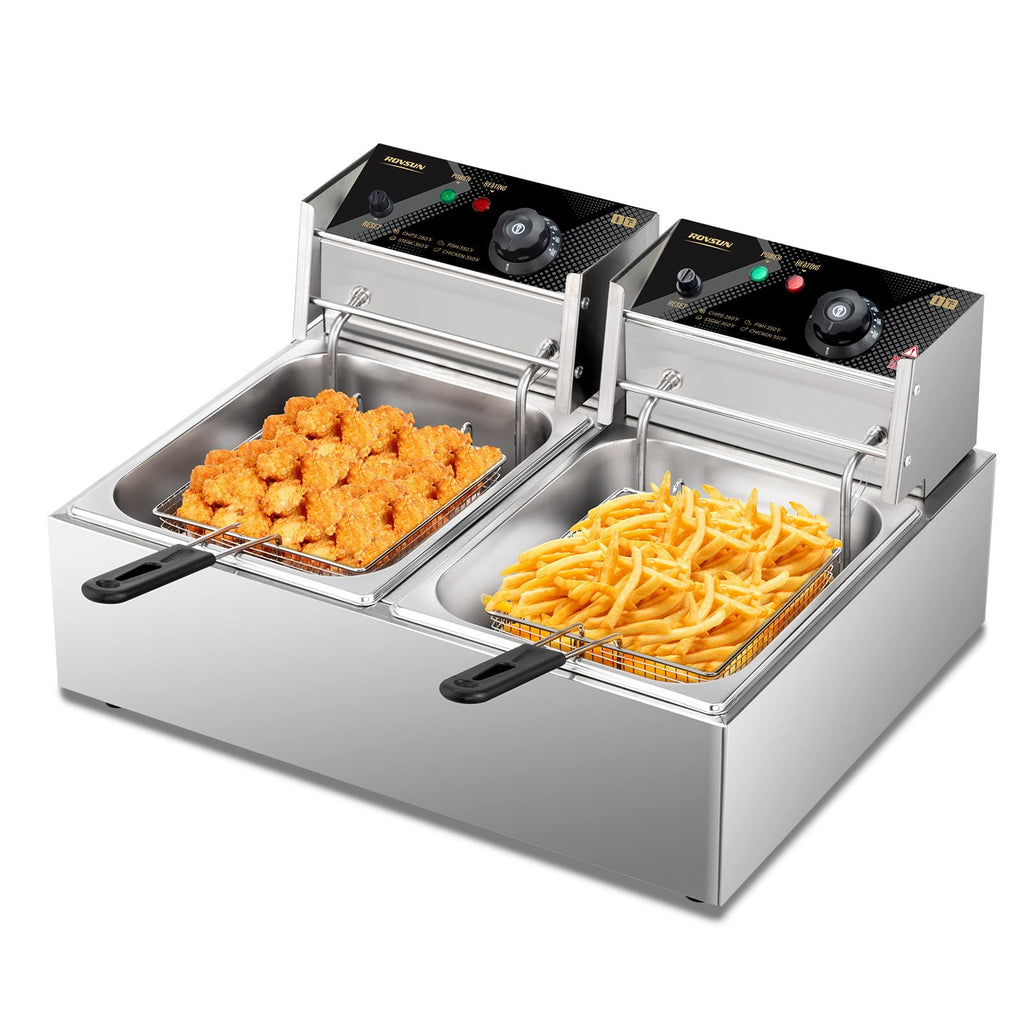 22.8QT Stainless Steel Electric Double Deep Fryer with Baskets & Lids Q2480