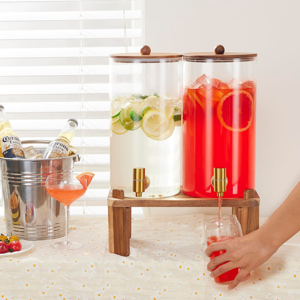 2pcs 1.5 Gallon Glass Drink Dispenser with Wood Stand Q207