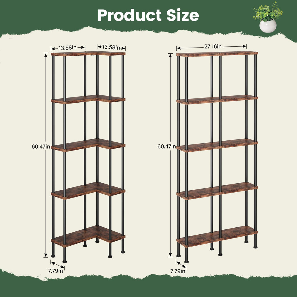 L-Shaped 5-Tier Rustic Brown Bookshelf O810