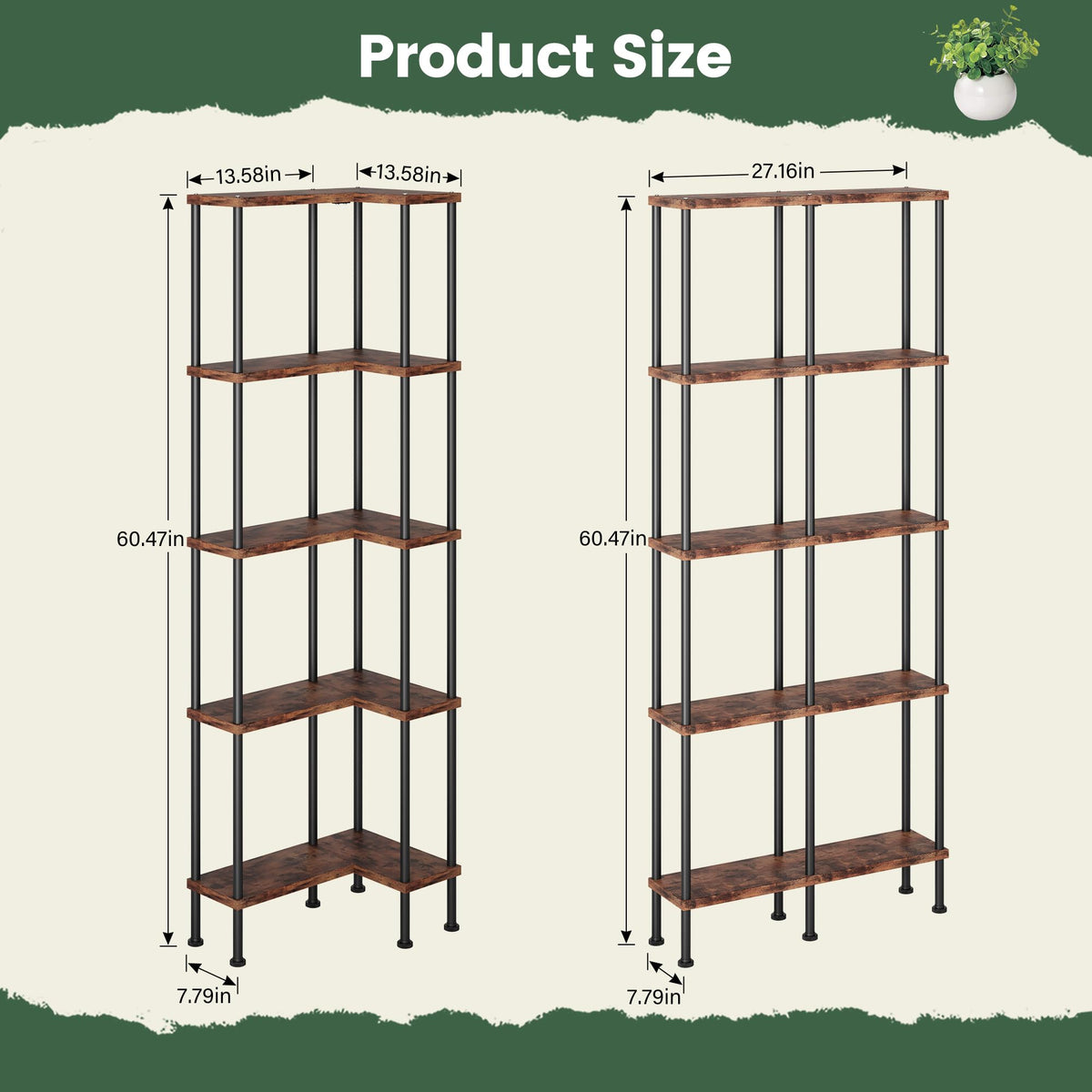 L-Shaped 5-Tier Rustic Brown Bookshelf O810