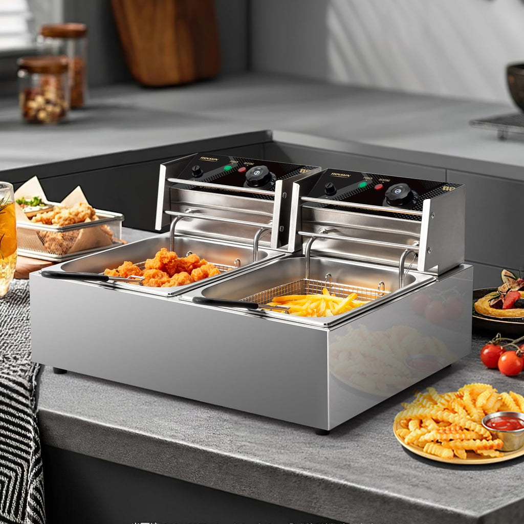 22.8QT Stainless Steel Electric Double Deep Fryer with Baskets & Lids Q2480