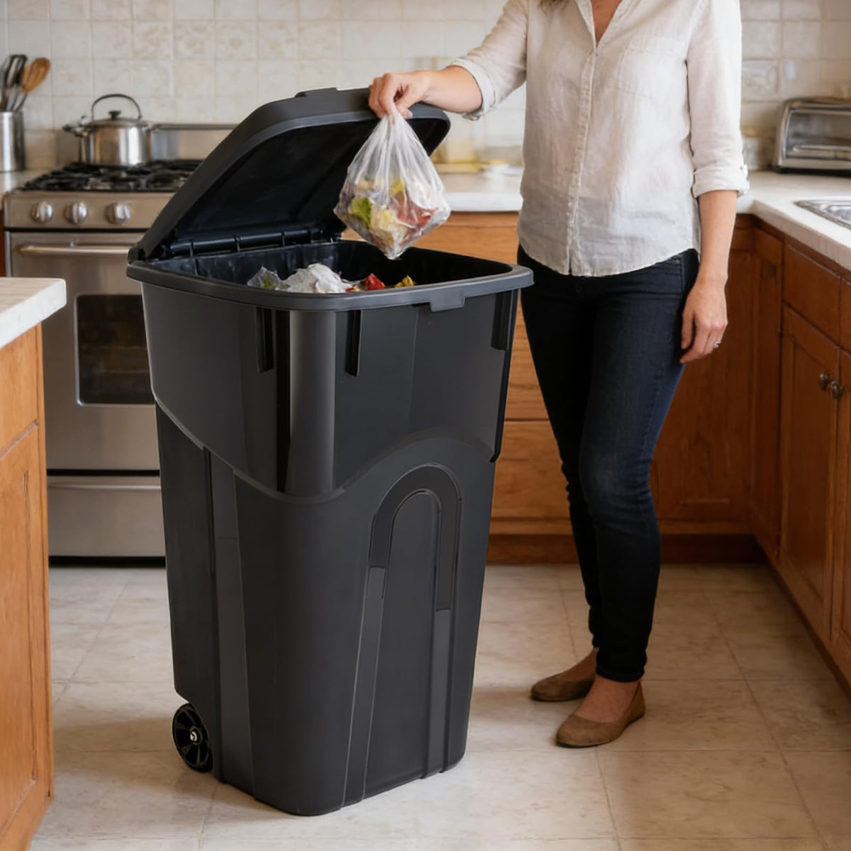 32 Gallon Wheeled Plastic Trash Can with Lid U289939