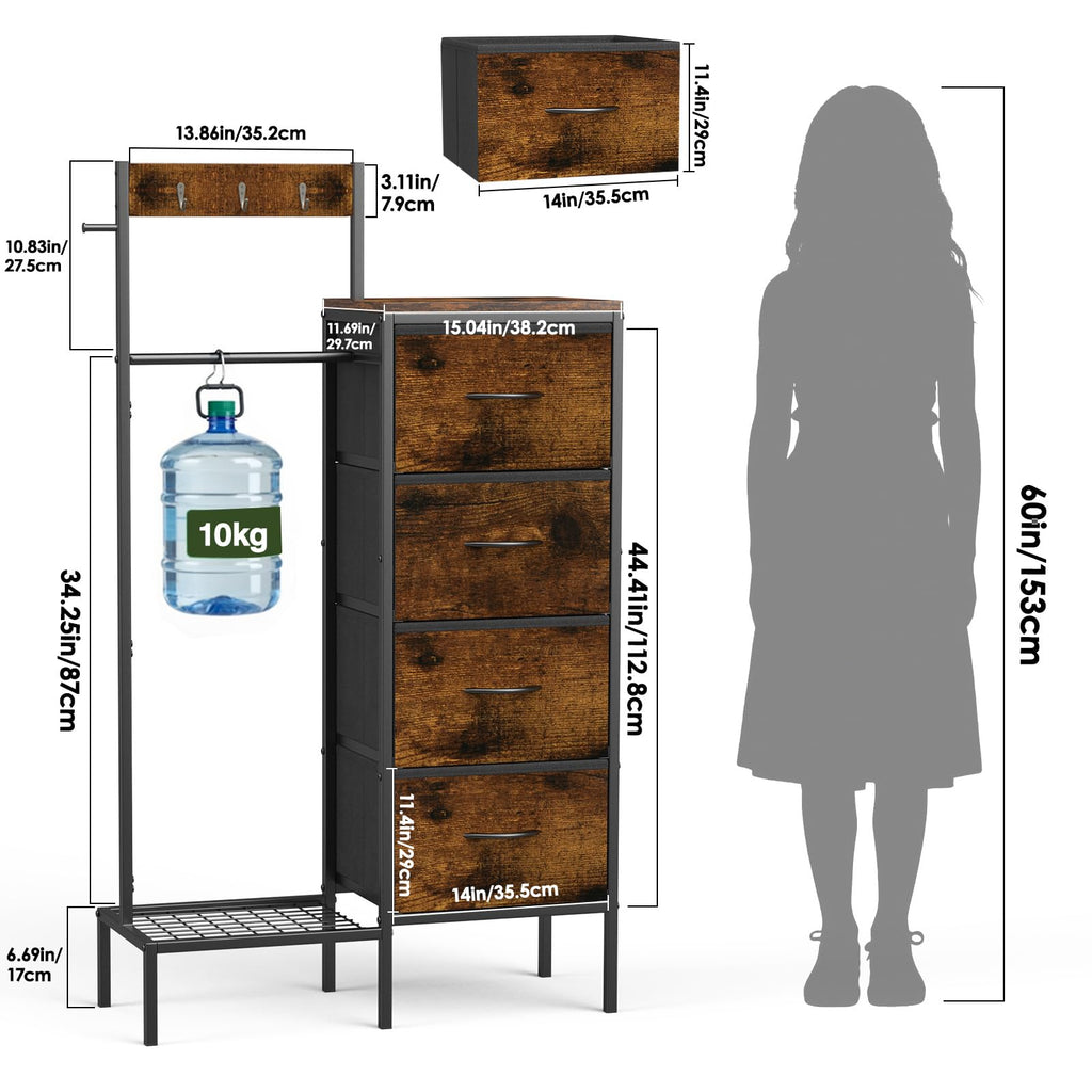 Brown Wood Dresser with Hanging Rack and Storage Drawers A536
