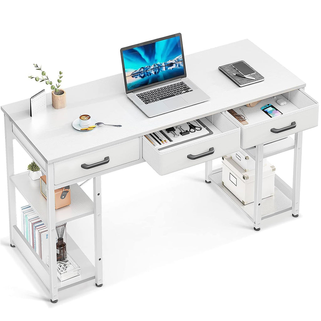 White 48" Computer Desk with Fabric Drawers and Storage Shelves Z2673