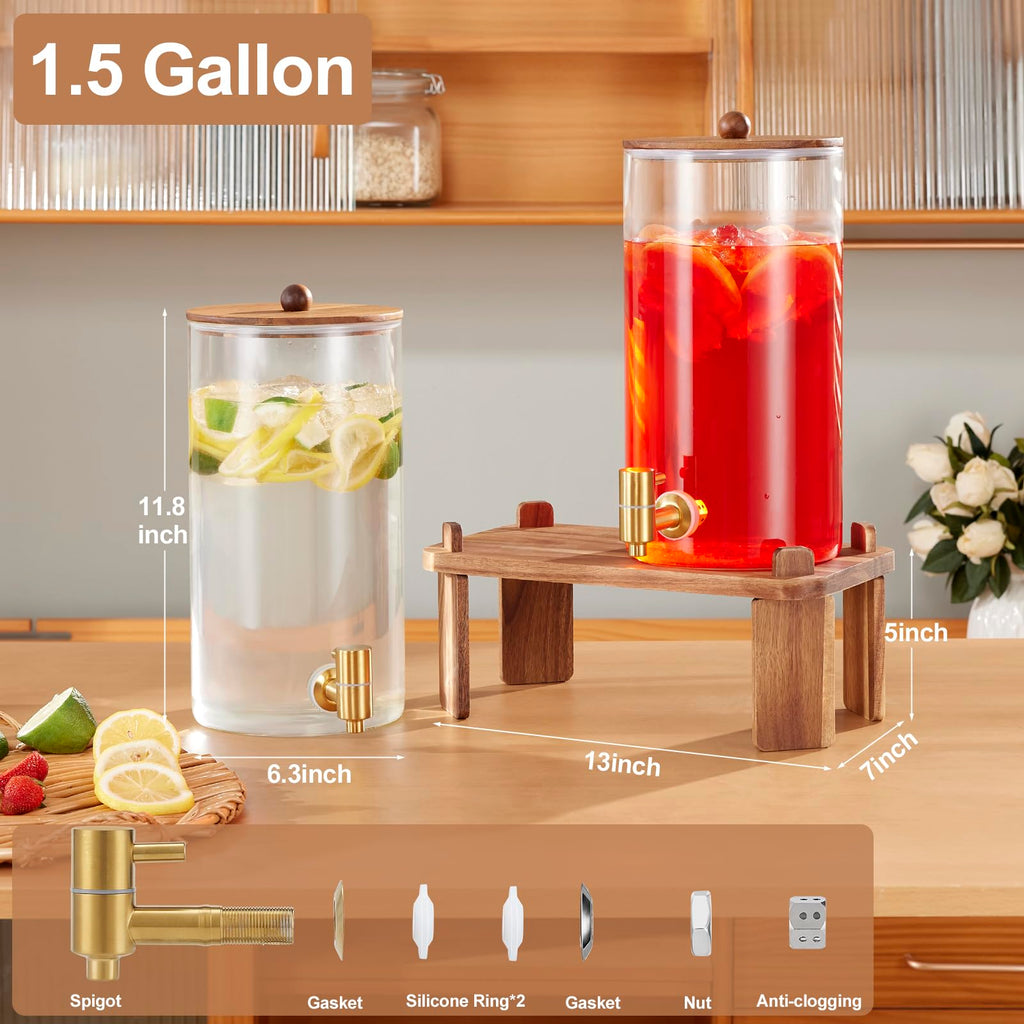 2pcs 1.5 Gallon Glass Drink Dispenser with Wood Stand Q207