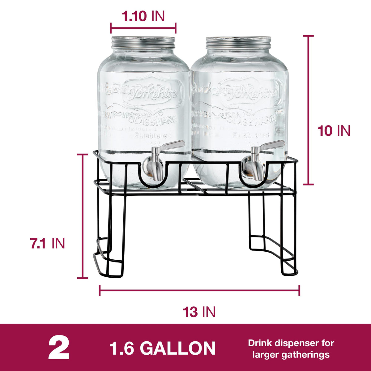Glass Drink Dispenser with Stand, 1 Gallon, 2-Pack G433