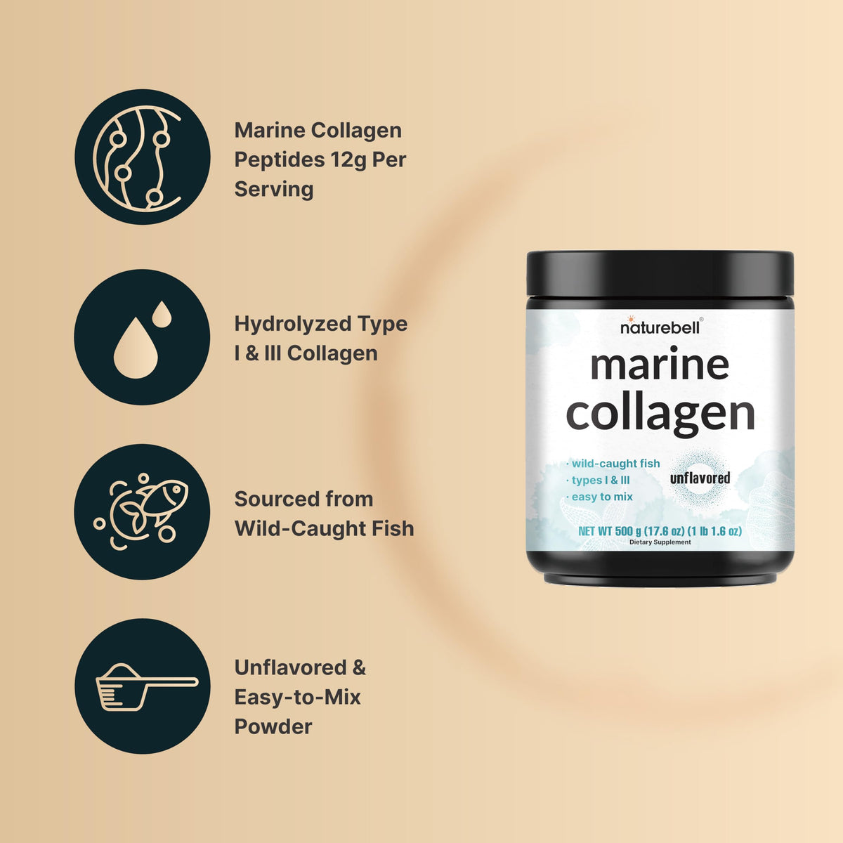 Marine Collagen Powder, 500g Hydrolyzed Type I & III Peptides, Unflavored J395