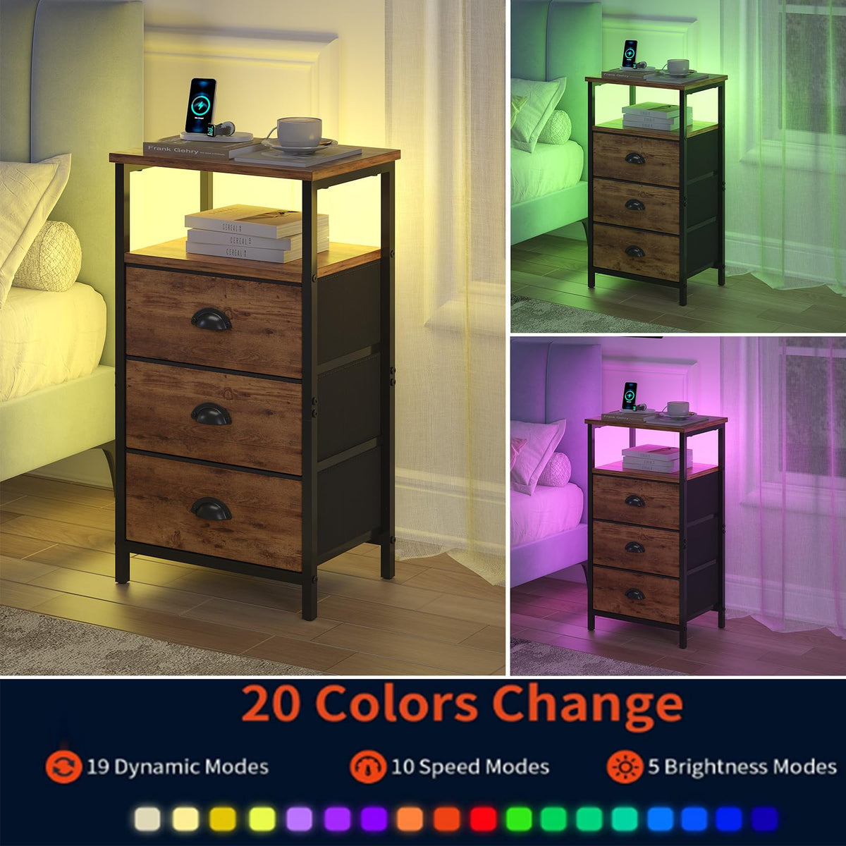 Rustic Brown End Table with Charging Station and LED Light, 3 Fabric Drawers H54924