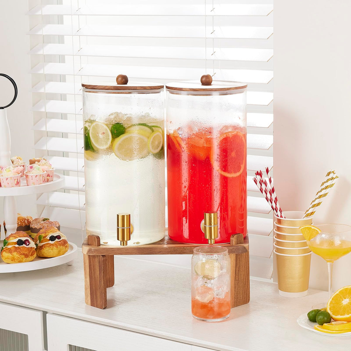 2pcs 1.5 Gallon Glass Drink Dispenser with Wood Stand Q207