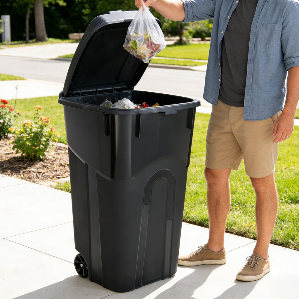 32 Gallon Wheeled Plastic Trash Can with Lid U289939