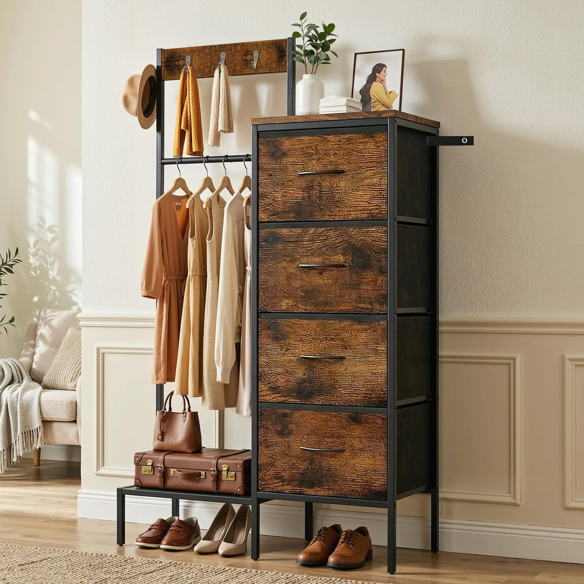 Brown Wood Dresser with Hanging Rack and Storage Drawers A536