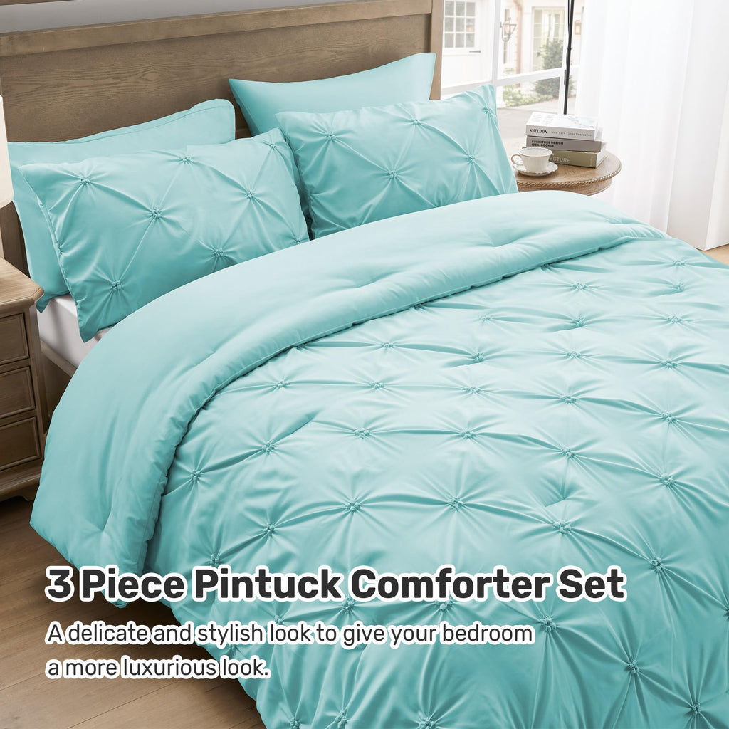 King Size Aqua Blue Pintuck Comforter Set D669268