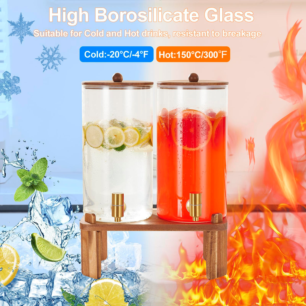 2pcs 1.5 Gallon Glass Drink Dispenser with Wood Stand Q207