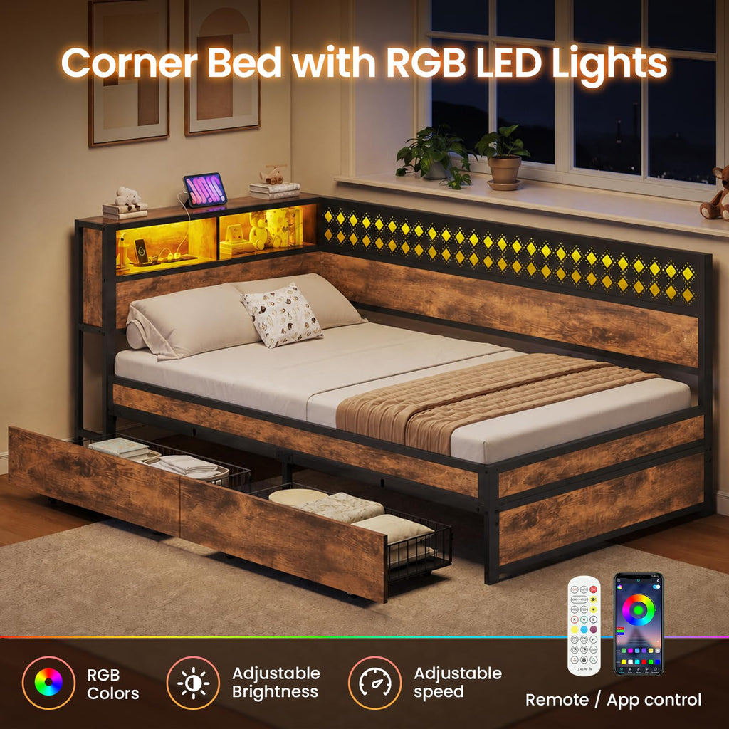 Twin Corner Bed Frame with Mattress and 2 Storage Drawers O511