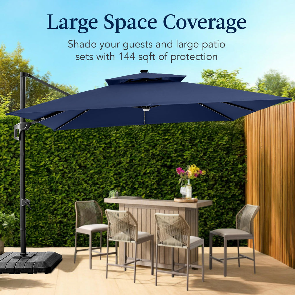 12x12ft LED Cantilever Patio Umbrella with Base and 360° Rotation U125108