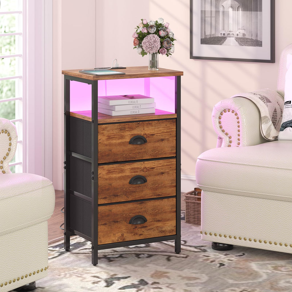 Rustic Brown End Table with Charging Station and LED Light, 3 Fabric Drawers H54924
