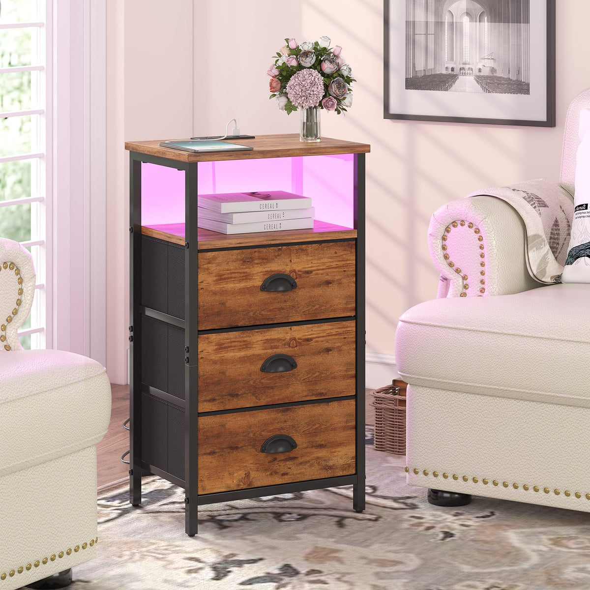 Rustic Brown End Table with Charging Station and LED Light, 3 Fabric Drawers H54924