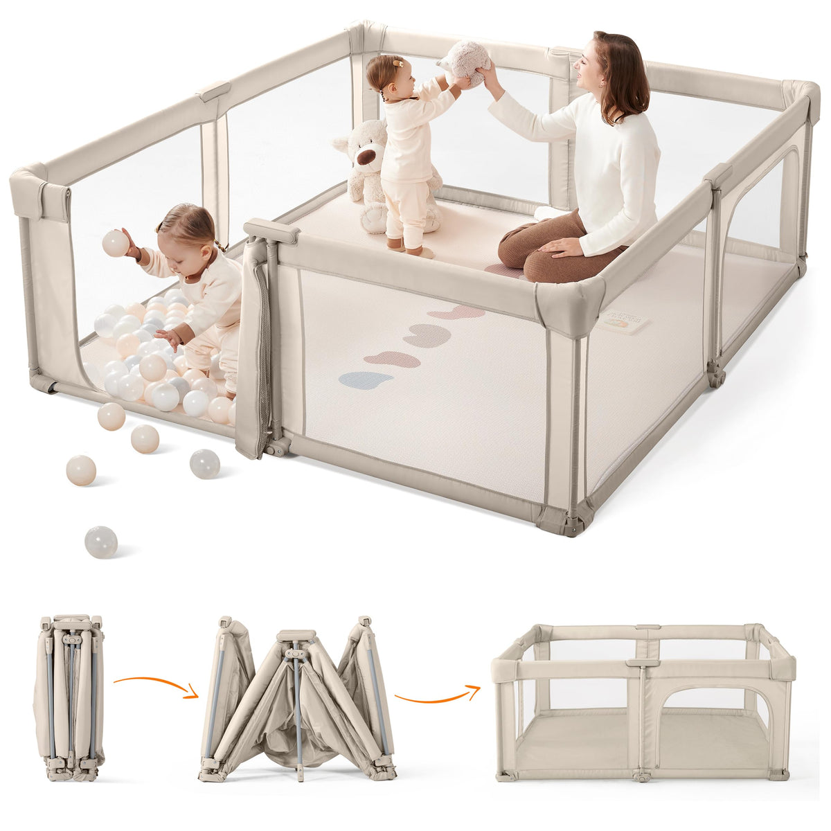 Light Khaki Foldable Baby Playpen P40133