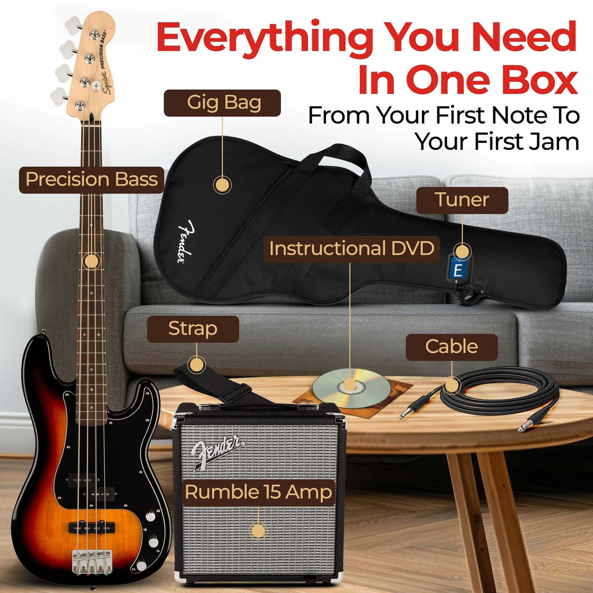 3-Color Sunburst Precision Bass with Amplifier, Cable, Gig Bag, Tuner, Strap U8720