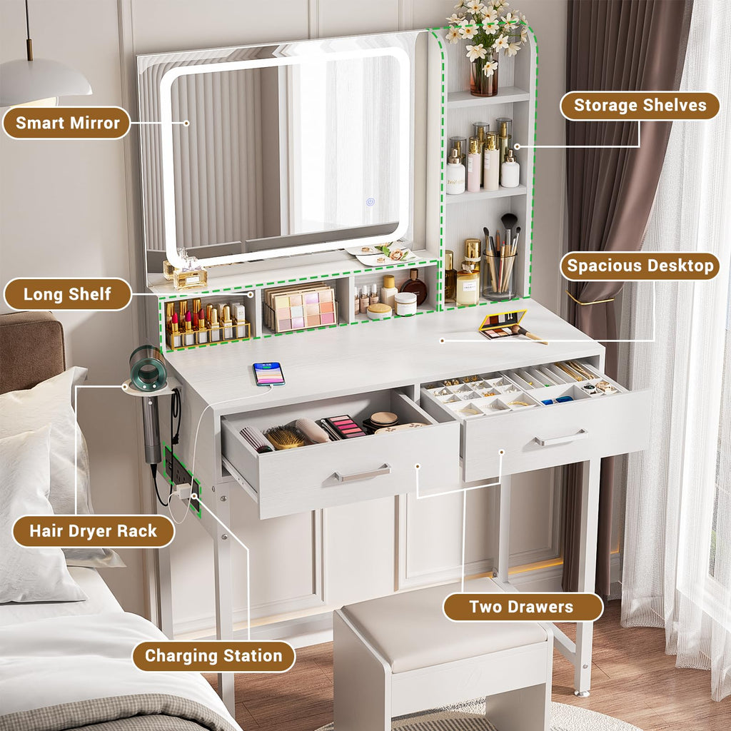 White Vanity Desk with Mirror and Drawers V66165