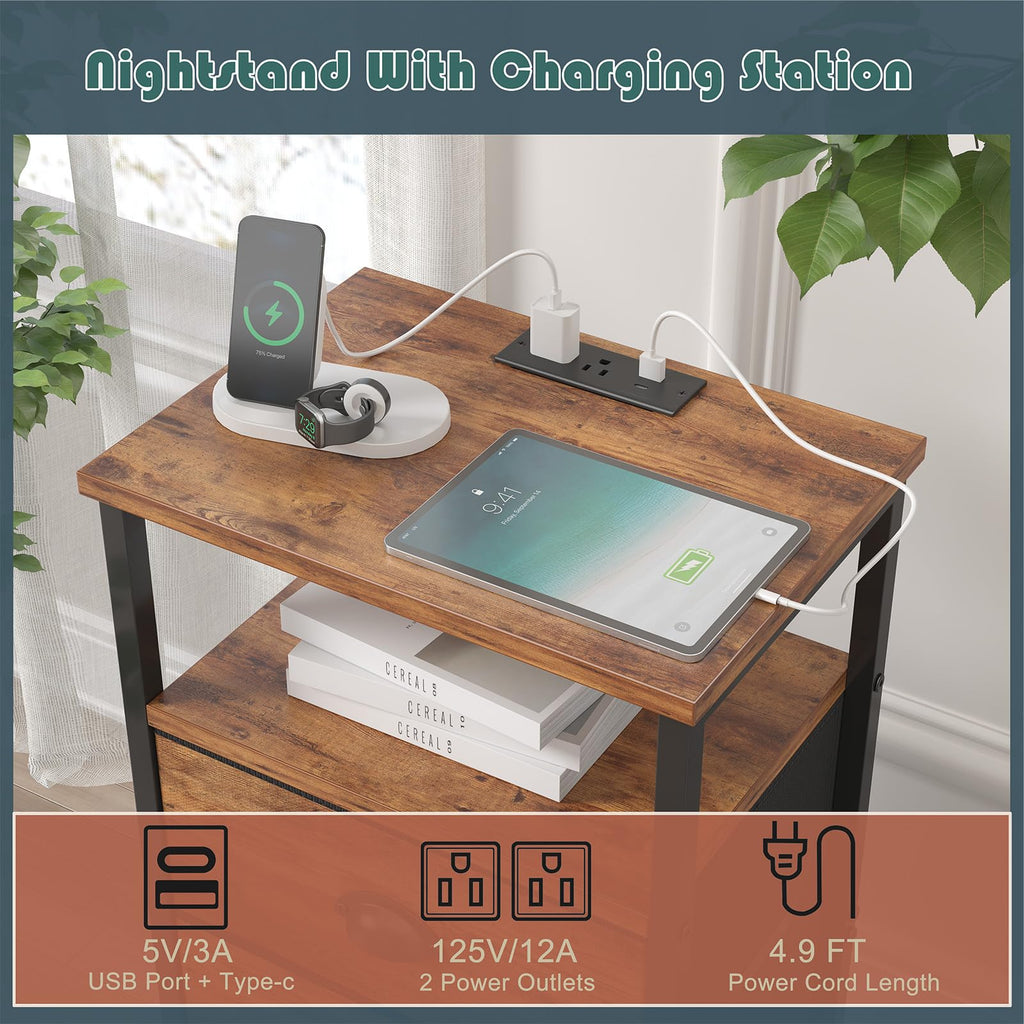 Rustic Brown End Table with Charging Station and LED Light, 3 Fabric Drawers H54924